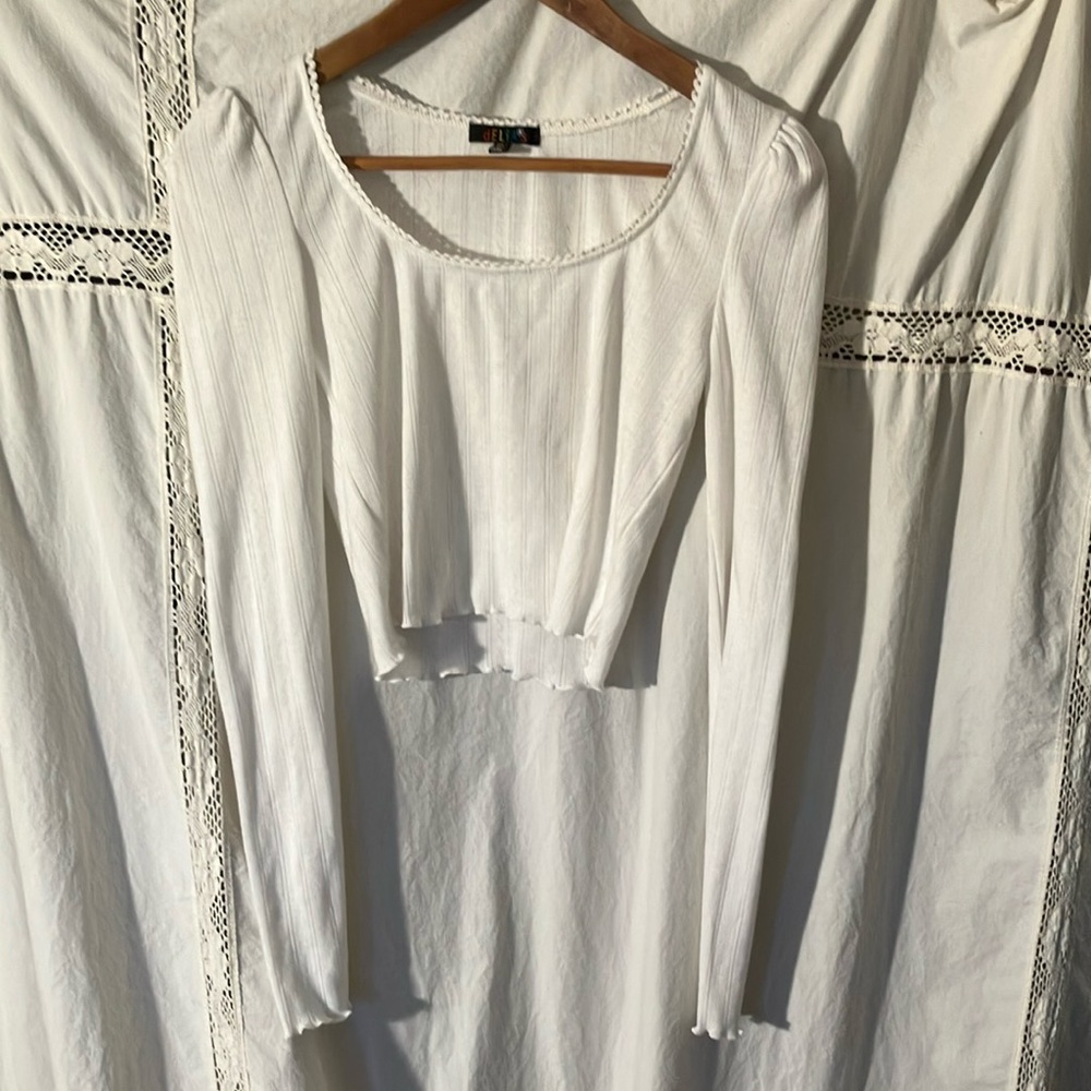White Long Sleeve Pointelle Crop Top